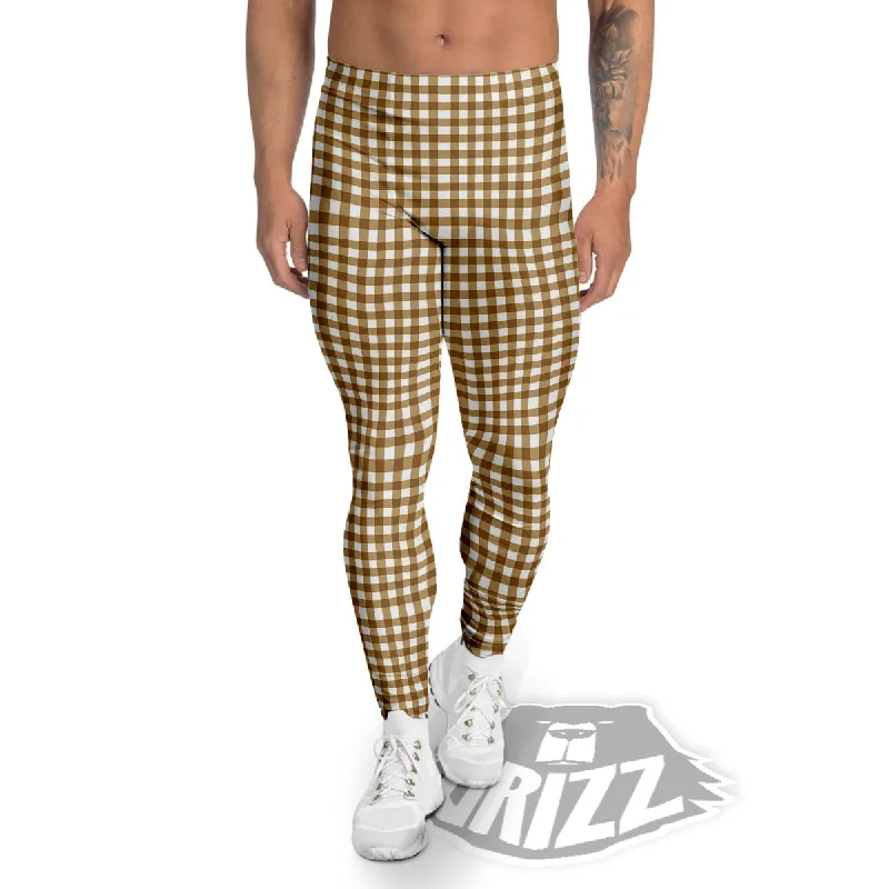 Gingham White And Brown Print Pattern Men's Leggings