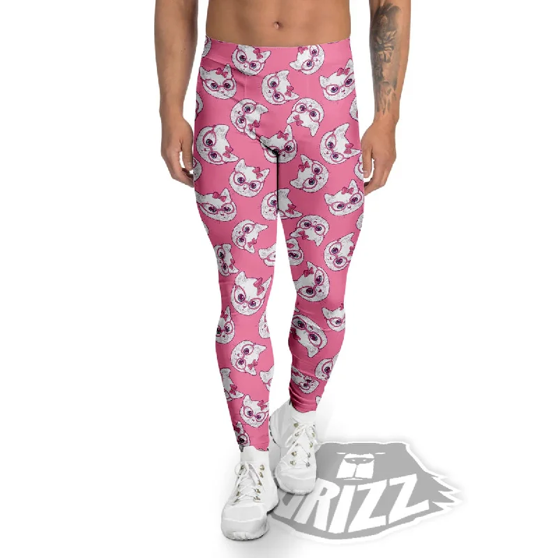Closeout Girly Cat With Glasses Print Pattern Men's Leggings