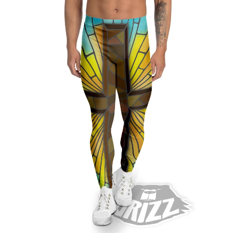 Glass Cross Blue Stained Print Men's Leggings