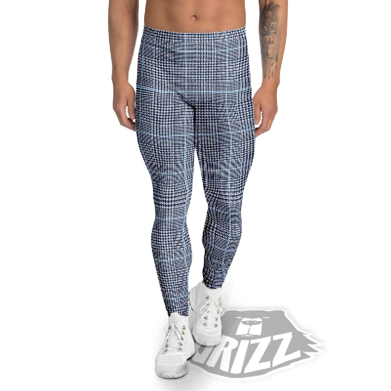 Glen Plaid White And Blue Print Men's Leggings