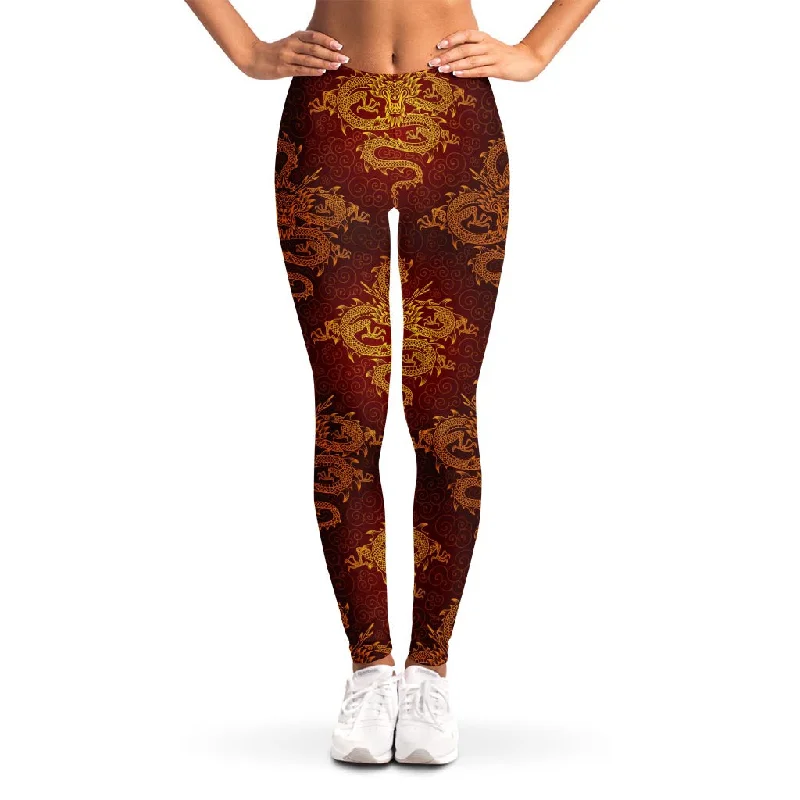 Closeout Gold Chinese Dragon Pattern Print Women's Leggings