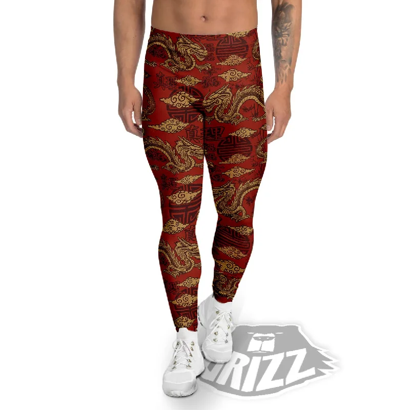 Deal Explosion Gold Chinese Dragon Print Pattern Men's Leggings