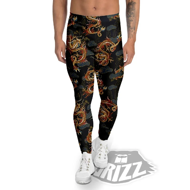 Bargain Bin Gold Dragon Japanese Print Pattern Men's Leggings