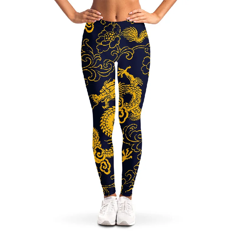 Bonus Savings Gold Japanese Dragon Pattern Print Women's Leggings