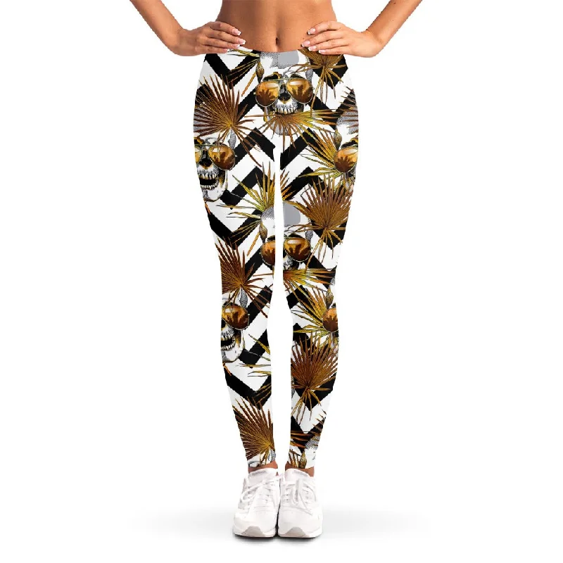 Big Discounts Gold Tropical Skull Pattern Print Women's Leggings