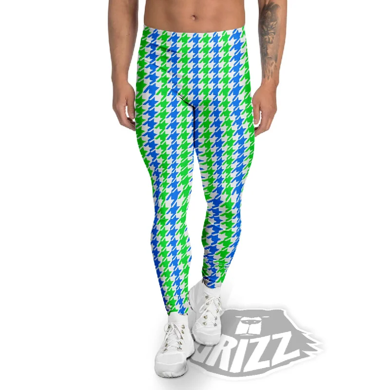 Green Blue And White Houndstooth Print Men's Leggings