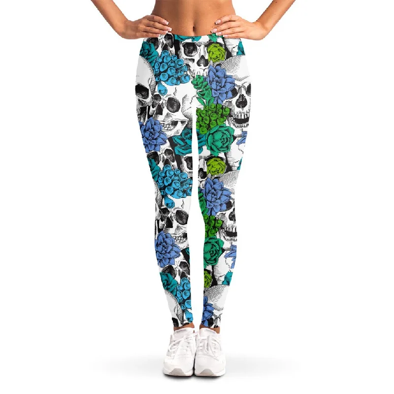 Mega Sale Green Blue Flowers Skull Pattern Print Women's Leggings