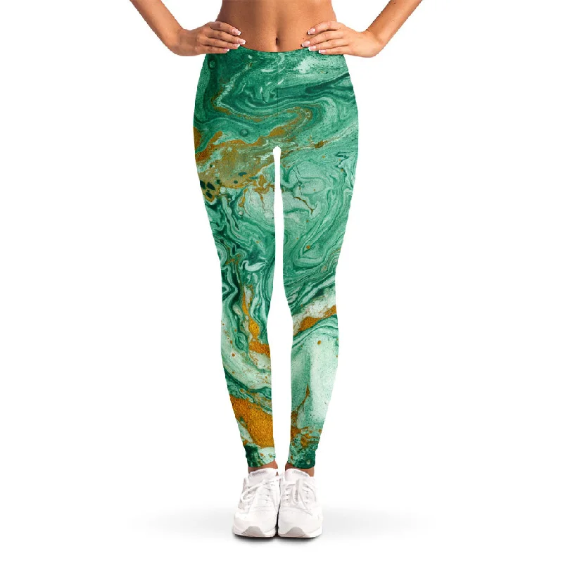 Can't Be Beat Green Gold Liquid Marble Print Women's Leggings