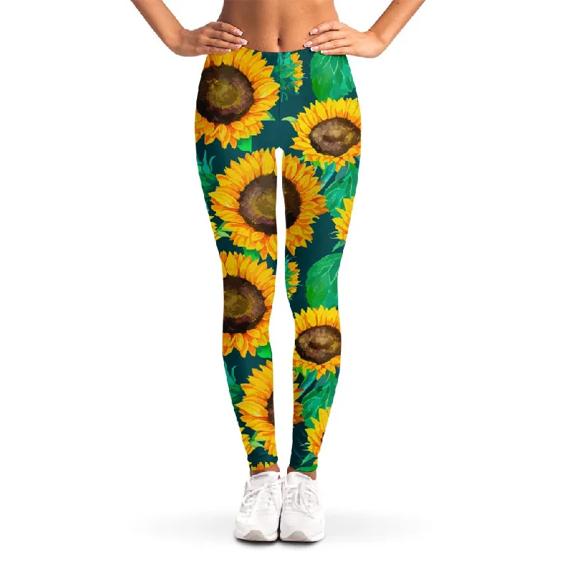 Quick Sale Green Watercolor Sunflower Pattern Print Women's Leggings