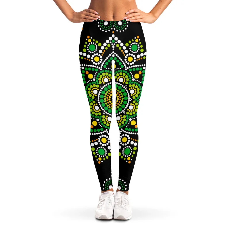 Now or Never Green White Dot Mandala Print Women's Leggings