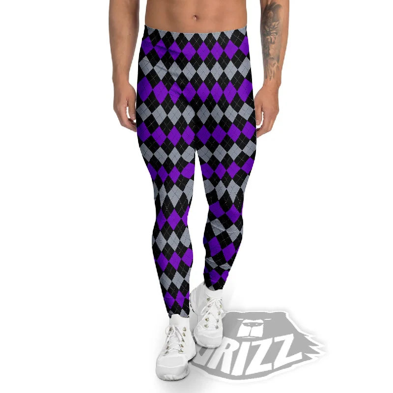 Grey Black And Violet Argyle Print Men's Leggings