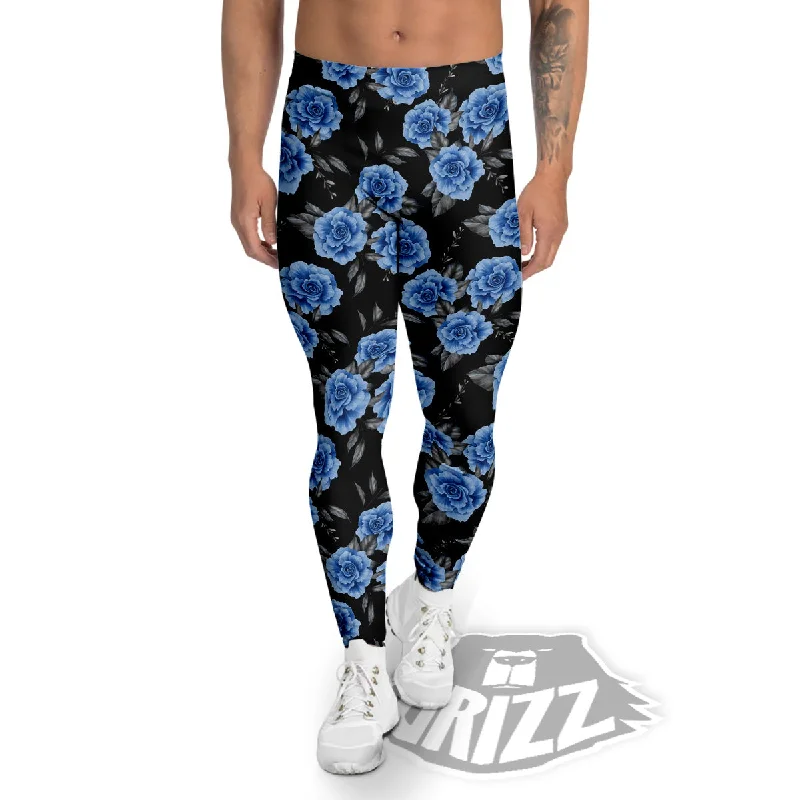 Grey Rose Floral And Blue Peony Print Men's Leggings