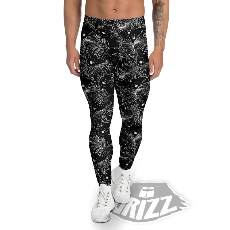 Hawaiian Black Tropical Print Pattern Men's Leggings