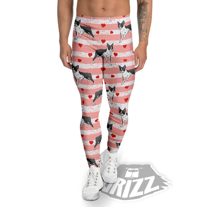 Heart And Boston Terrier Print Pattern Men's Leggings