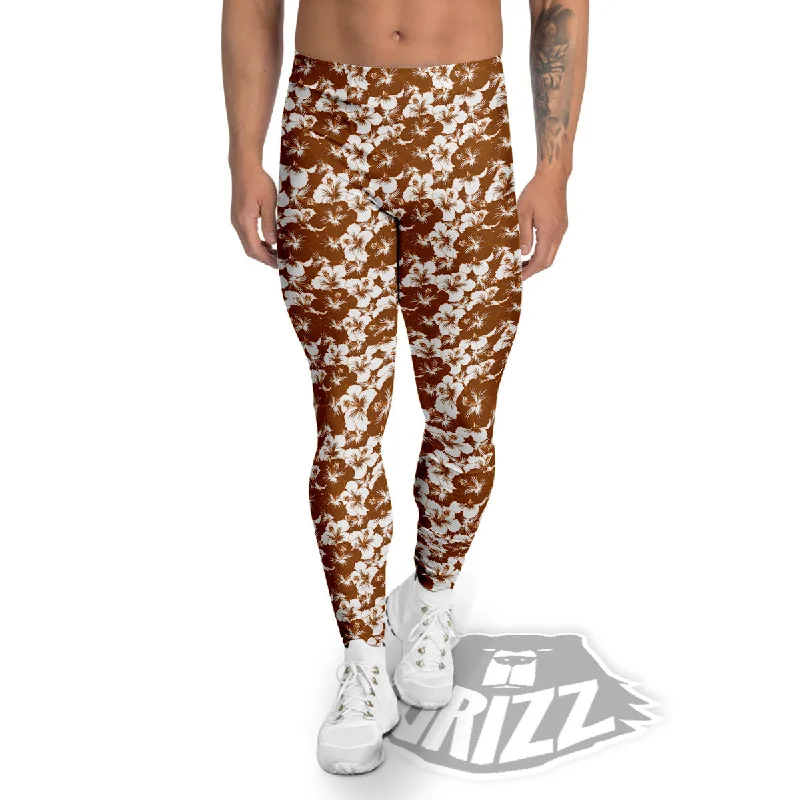 Hibiscus Flower Brown Camo Print Men's Leggings