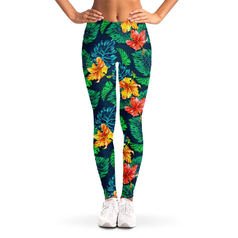 Deal Frenzy Hibiscus Monstera Hawaii Pattern Print Women's Leggings