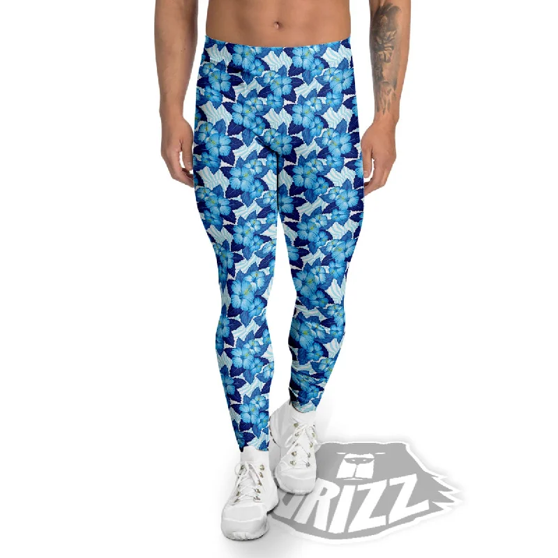 Hibiscus Tropical Blue Print Pattern Men's Leggings