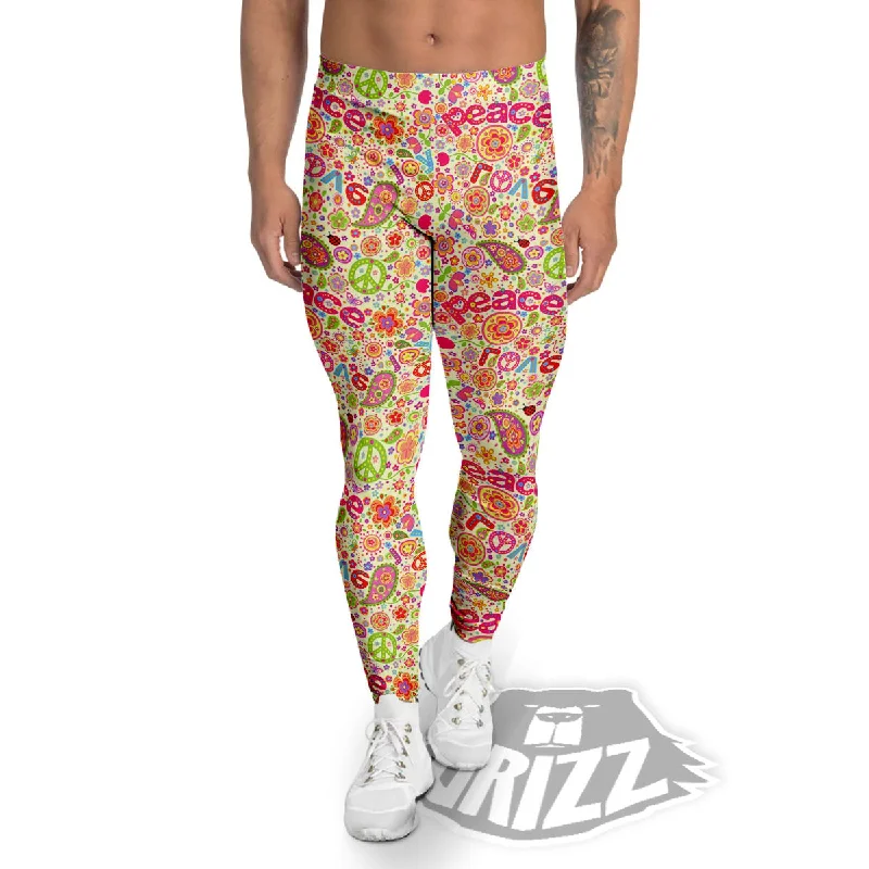 Act Now Hippie Peace Groovy Print Pattern Men's Leggings
