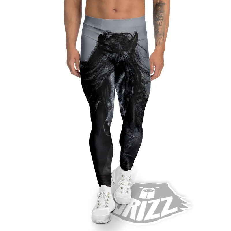 Horse Black Stallion Print Men's Leggings