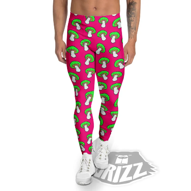 Hot Pink Crazy Mushroom Print Pattern Men's Leggings