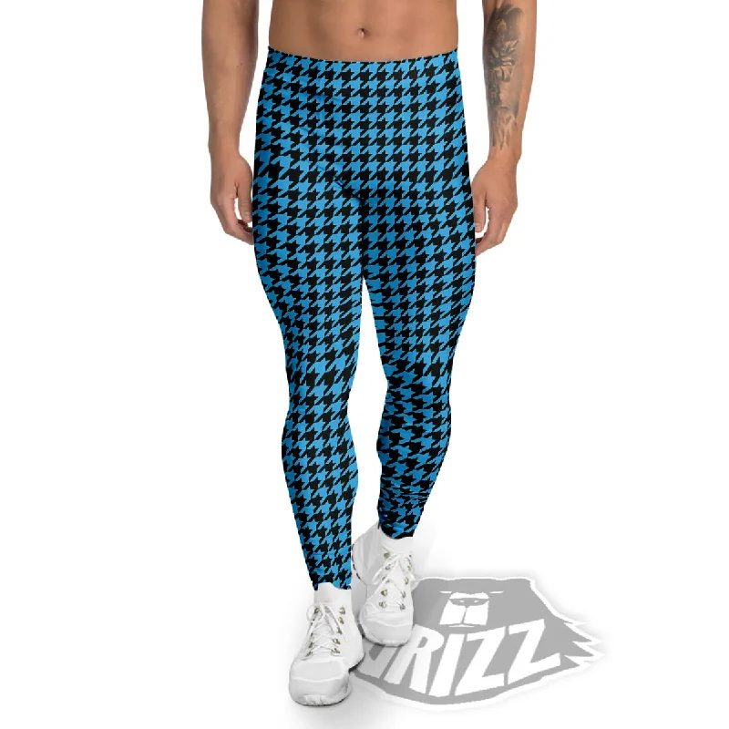 Houndstooth Black And Blue Print Men's Leggings