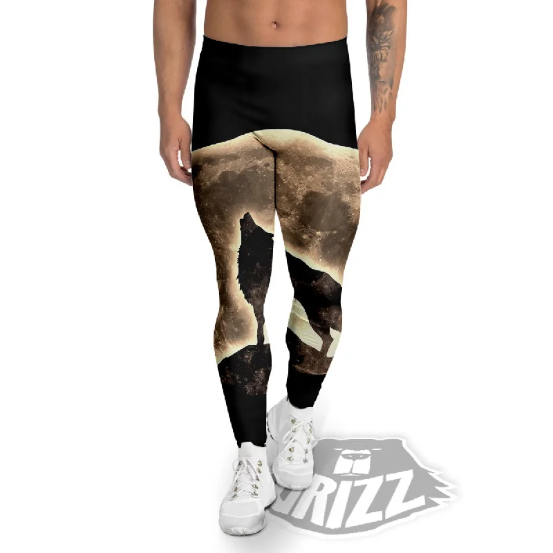 Deal Dash Howling Wolf Full Moon Print Men's Leggings
