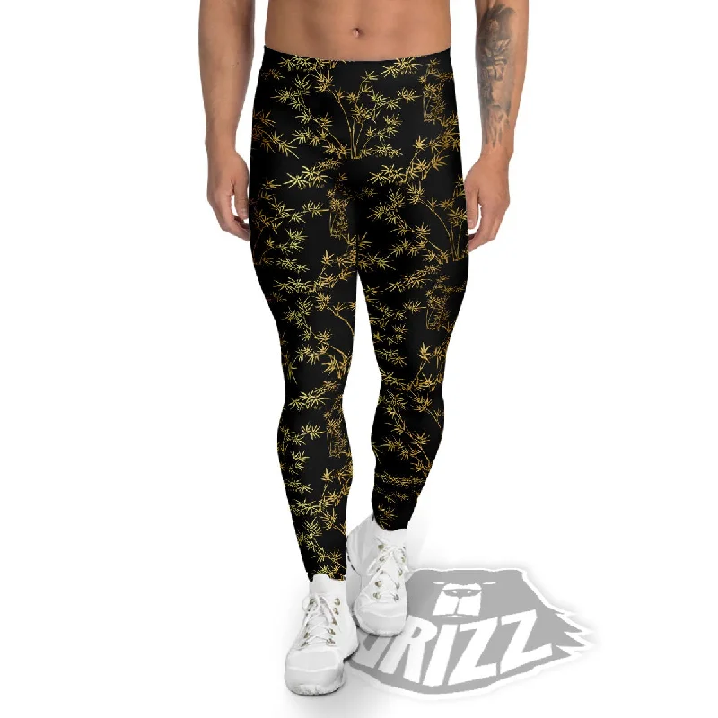 Customer Appreciation Sale Japanese Bamboo Black And Gold Print Pattern Men's Leggings