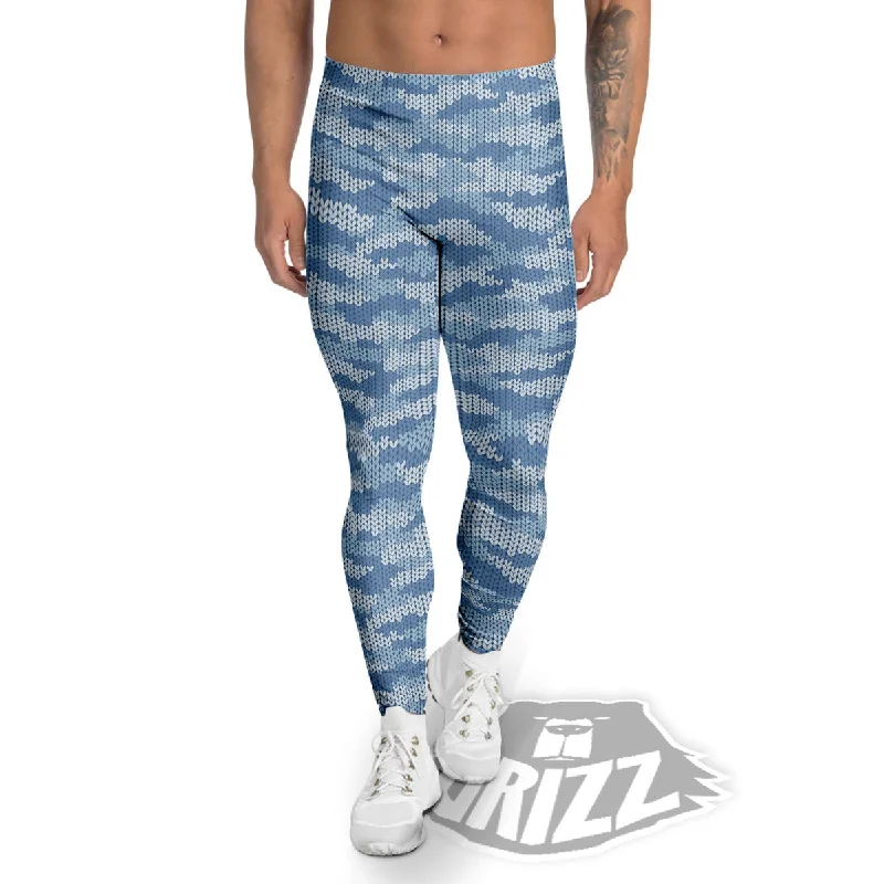 Knitted Blue Camouflage Print Pattern Men's Leggings