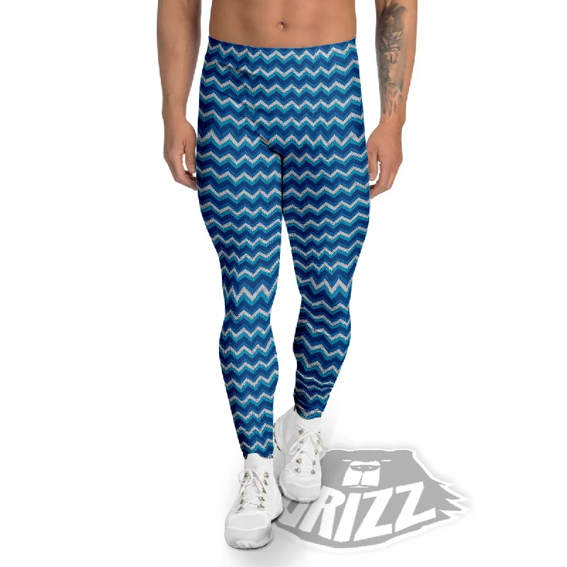 Knitted Blue Chevron Print Pattern Men's Leggings