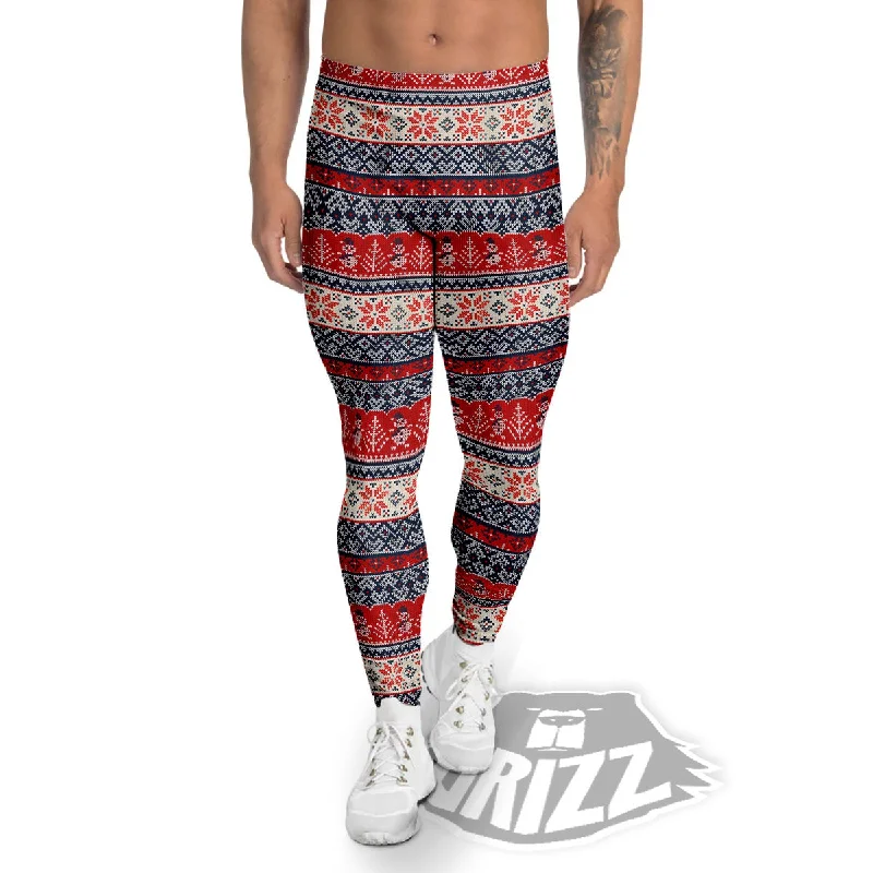 Knitted Christmas Snowman Print Pattern Men's Leggings