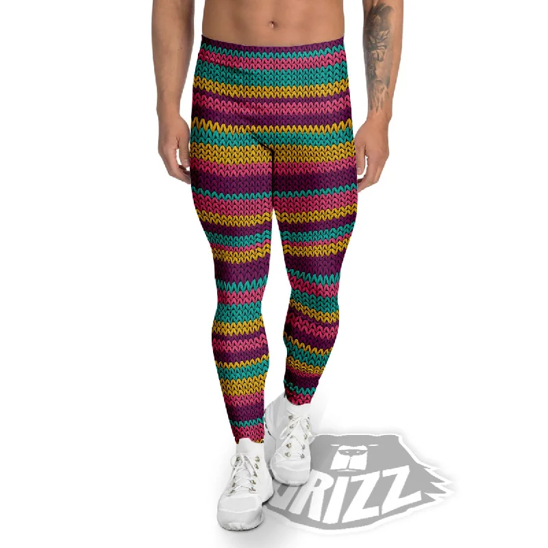 Knitted Colorful Print Pattern Men's Leggings