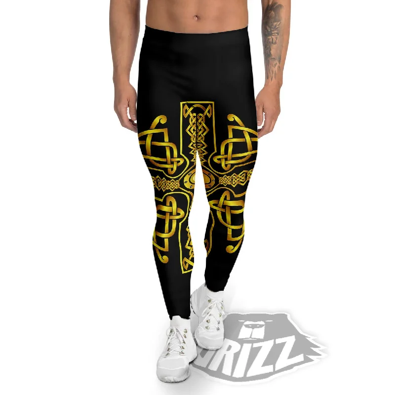 Exclusive Deal Knot Cross Gold Celtic Print Men's Leggings