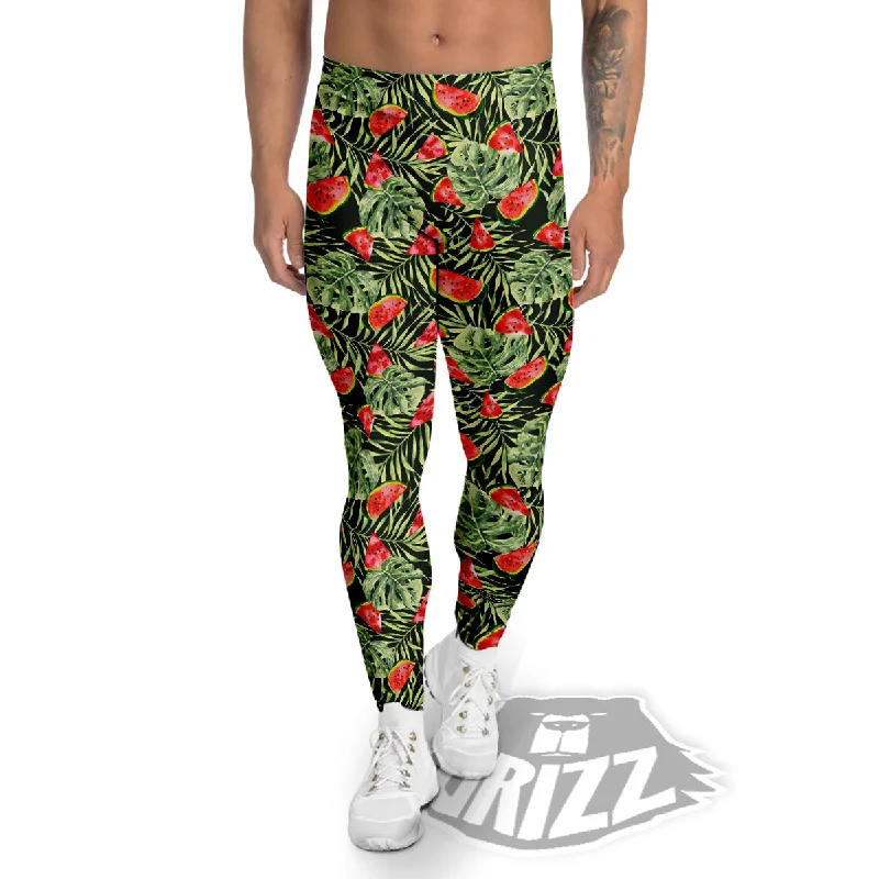 Leaf Palm Watermelon Black Print Pattern Men's Leggings