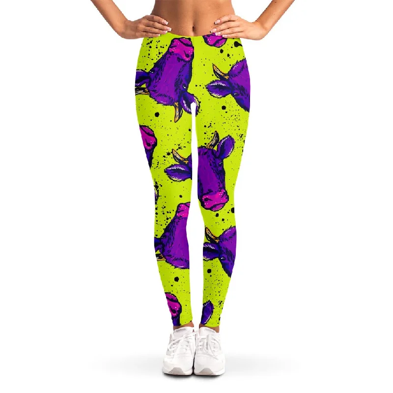 Discount Deals Lime Green And Purple Cow Pattern Print Women's Leggings