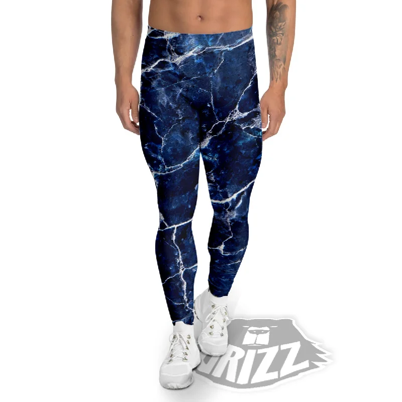 Marble Blue White Print Men's Leggings