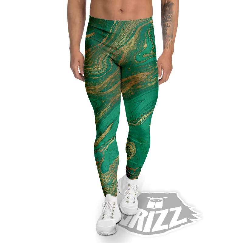 Best Bargains Marble Liquid Green Gold Print Men's Leggings