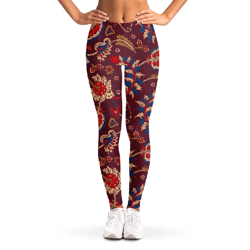 Price Rollback Maroon Vintage Bohemian Floral Print Women's Leggings