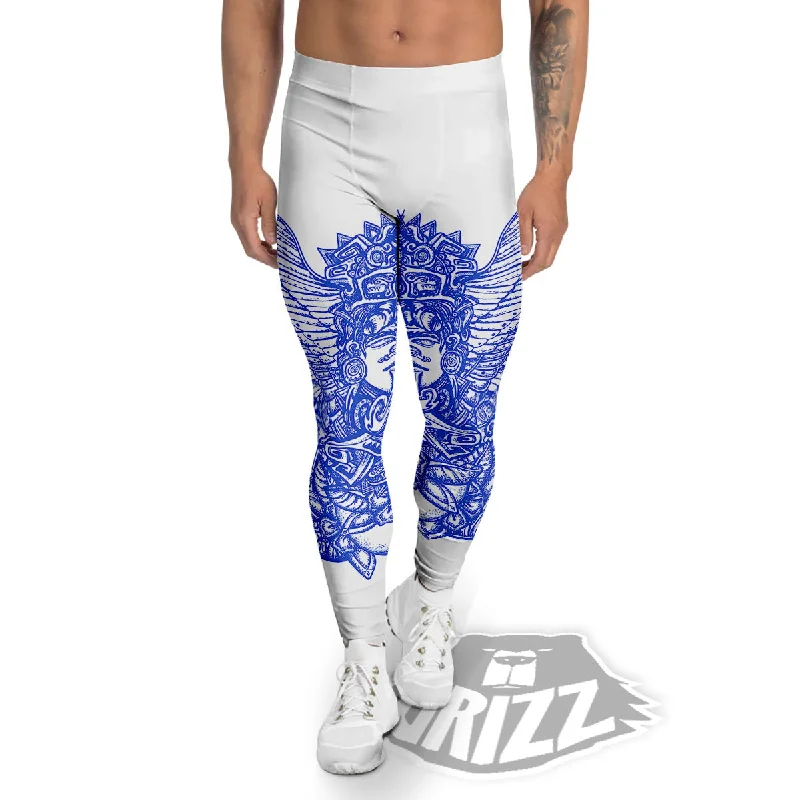 Mayan Statue White And Blue Print Men's Leggings