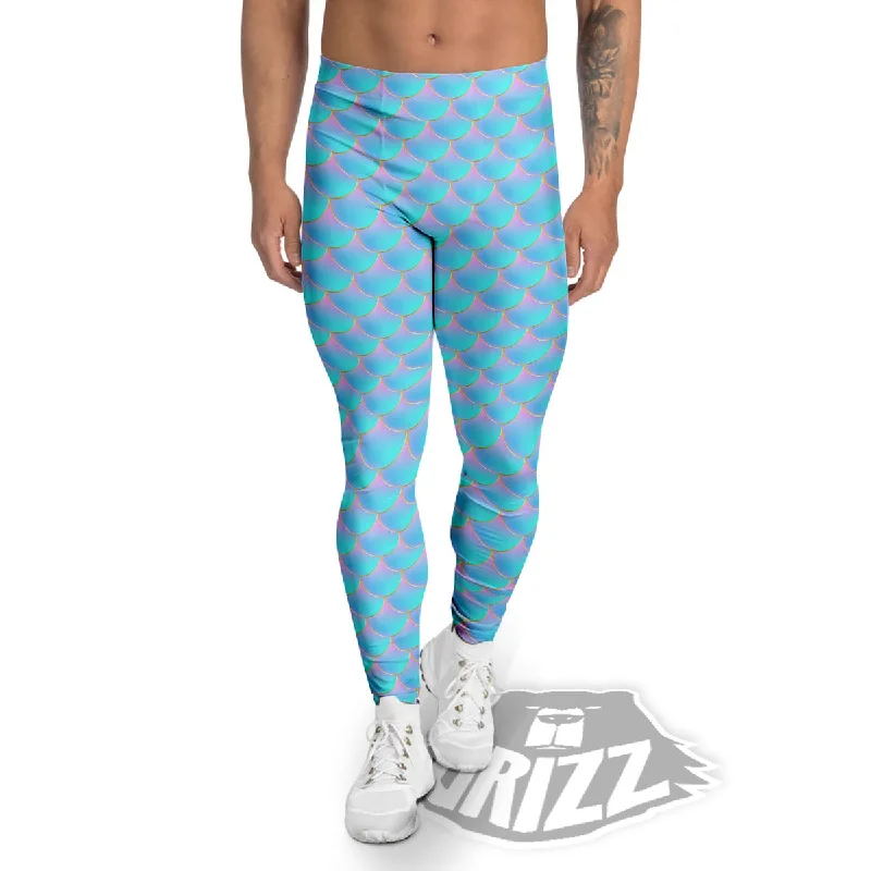 Mermaid Scales Blue Neon Print Pattern Men's Leggings