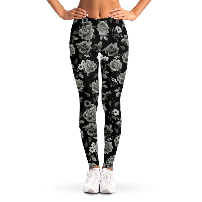 Overstock Monochrome Rose Floral Pattern Print Women's Leggings
