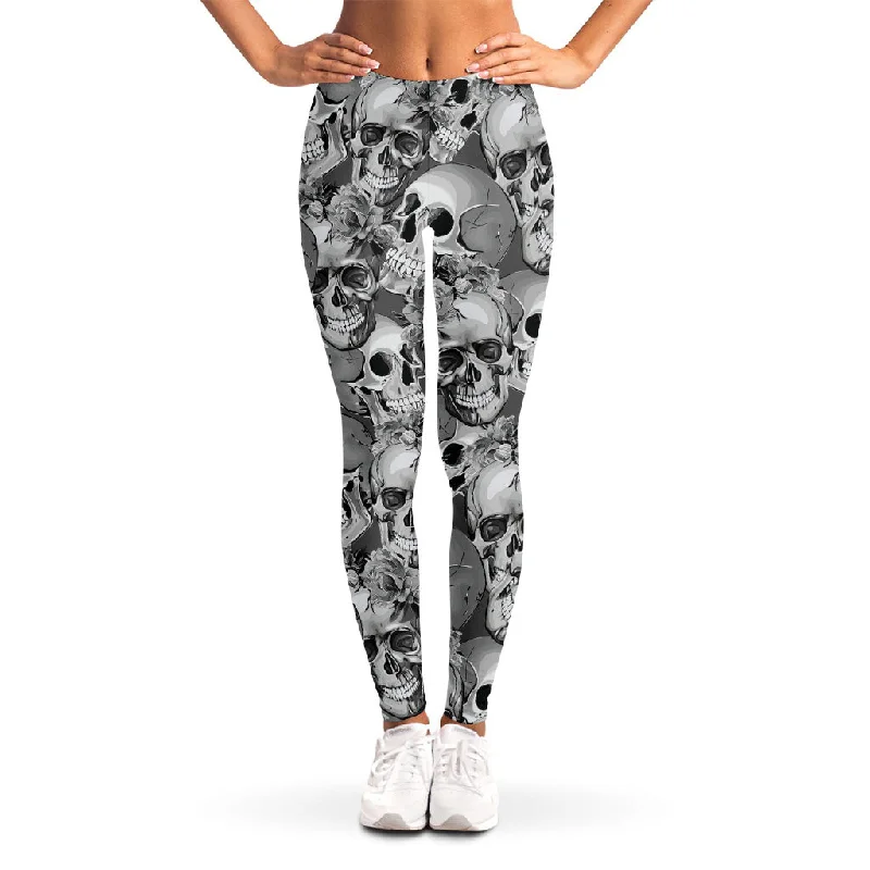New Deals Monochrome Skull Flowers Pattern Print Women's Leggings
