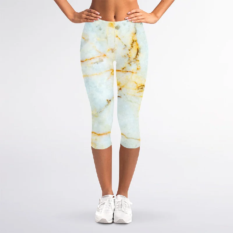 Weekend Deal Natural Gold Marble Print Women's Capri Leggings