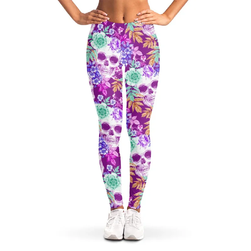 Big Discounts Neon Skull Floral Pattern Print Women's Leggings
