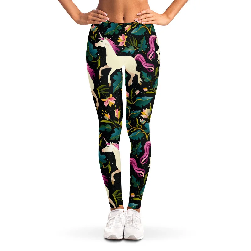 Online Specials Night Floral Unicorn Pattern Print Women's Leggings