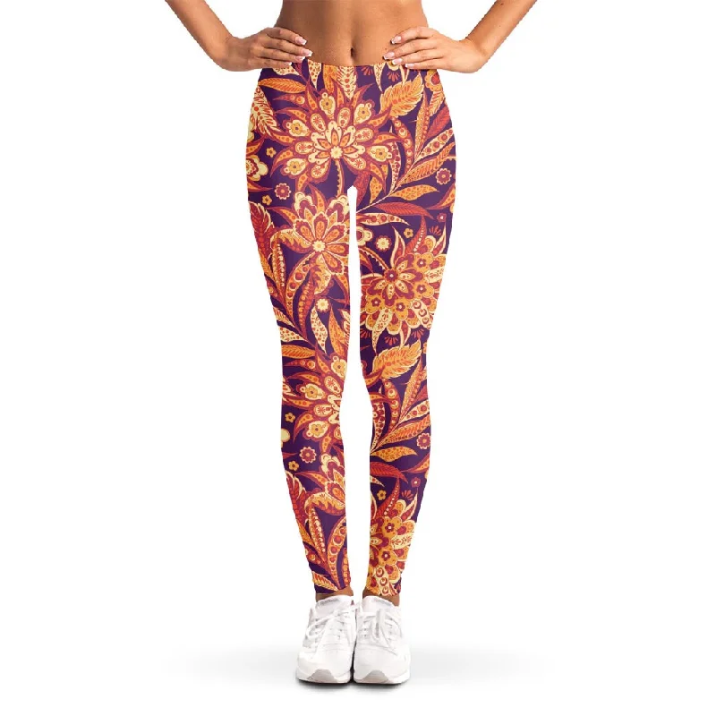 Act Now Orange Bohemian Floral Pattern Print Women's Leggings