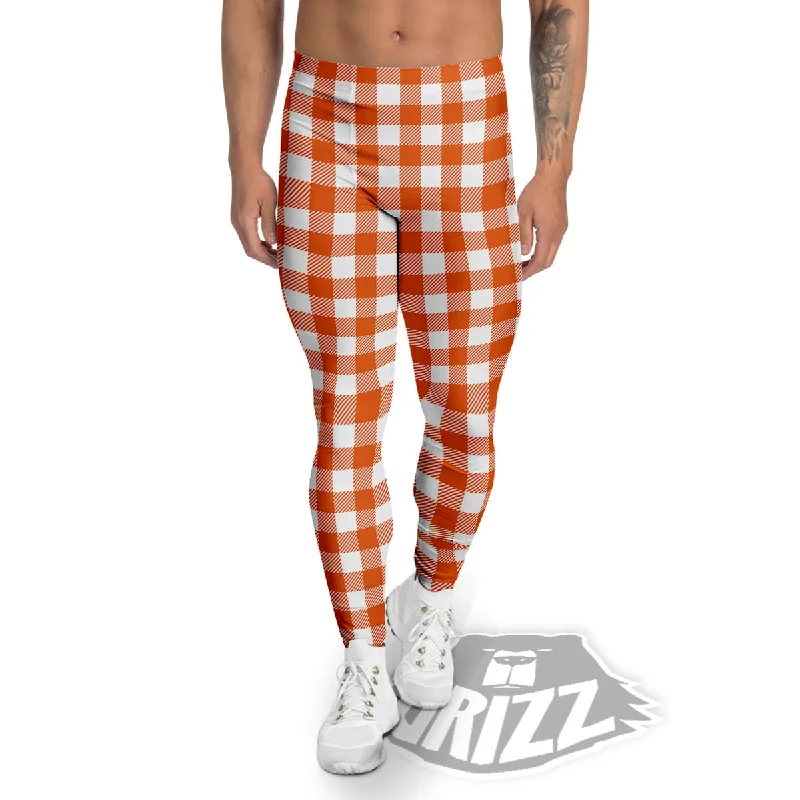 Orange Burnt And White Check Print Men's Leggings