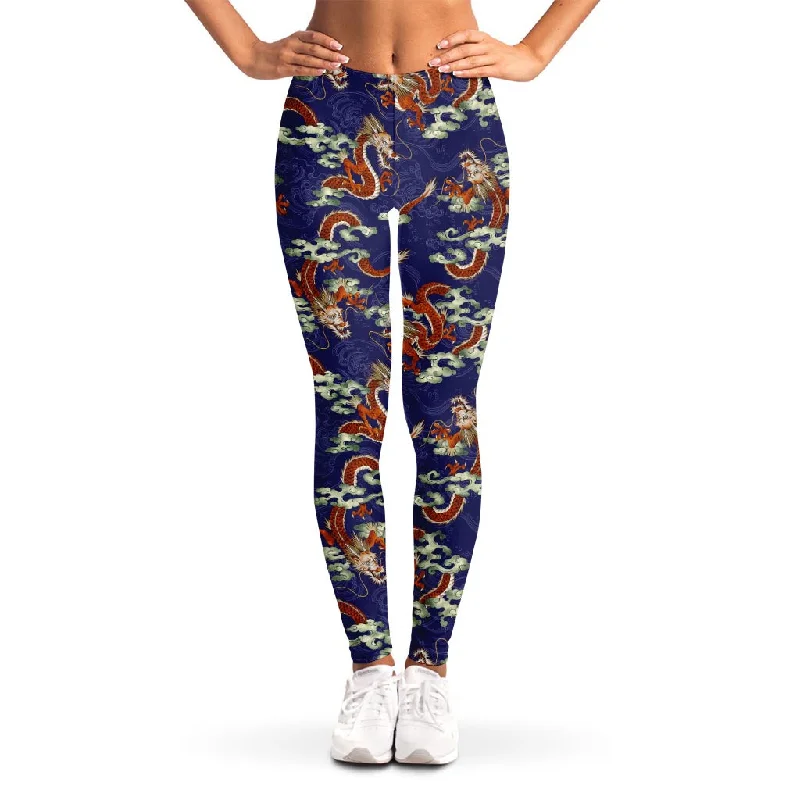 Weekend Deal Orange Japanese Dragon Pattern Print Women's Leggings