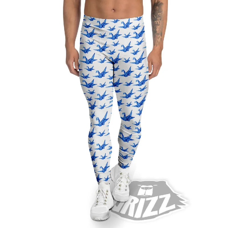 Origami Crane Blue Print Pattern Men's Leggings