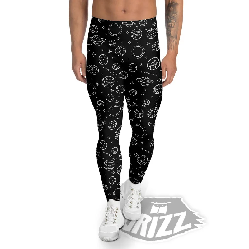 Outer Space Black White Galaxy Print Men's Leggings