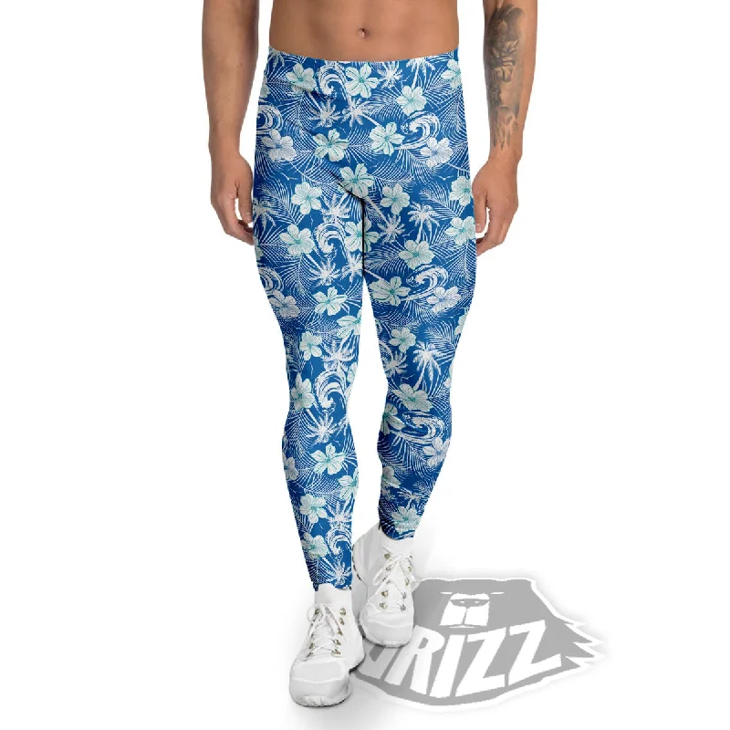 Palm Tree Blue Hibiscus Print Pattern Men's Leggings